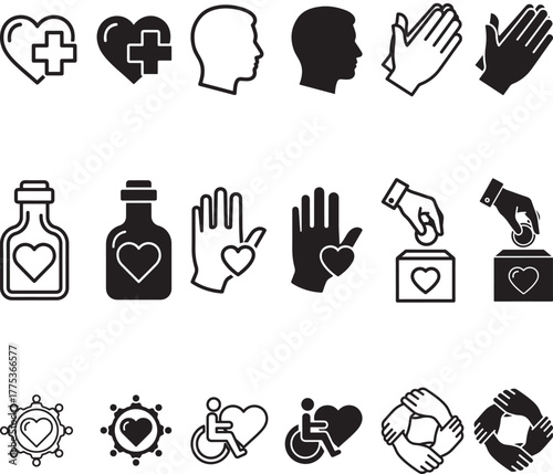 Collection of diverse icons representing healthcare, donation, community support, and human care, conveying compassion and aid isolated on white background, Vector, illustration