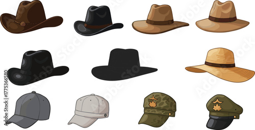 Hat vector collection, cowboy hat, sun hat, baseball cap, military headwear, fashion accessory, realistic illustration, diverse styles, headwear design