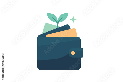 Dark blue wallet icon with growing plant symbolizing financial investment and savings