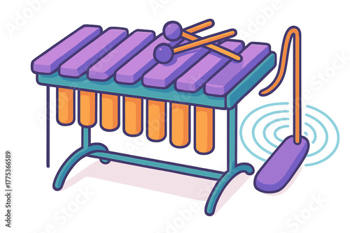 Stylized musical percussion instrument with purple bars, orange resonators, mallets, and a sustain pedal on a white background