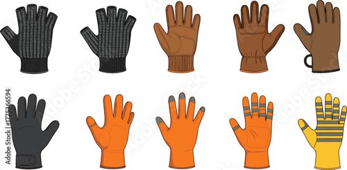 Glove vector set, winter handwear, leather gloves, knitted styles, touchscreen gloves, fashion accessory, realistic illustration, colorful design, safety gear