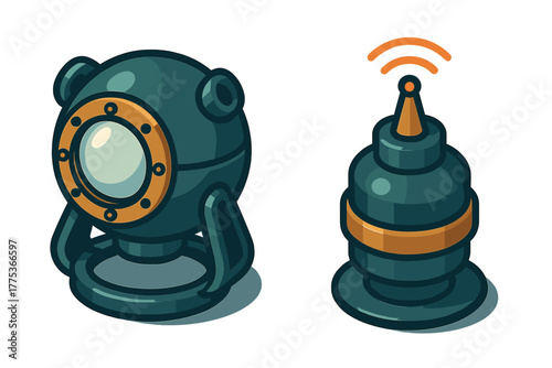 Stylized deep-sea exploration equipment set with underwater camera and sonar beacon