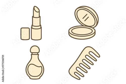 Set of beauty and makeup accessories featuring lipstick, compact, fragrance, and hair comb