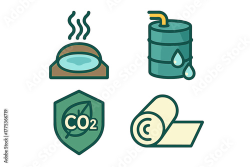 Set of icons representing sustainability, geothermal heat, industrial barrel, carbon dioxide shield, and rolled fabric