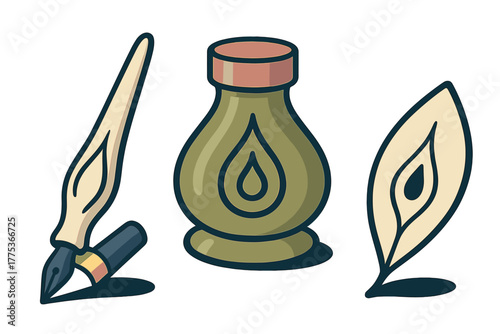 Antique writing tools set with a classic quill pen and traditional ink bottle