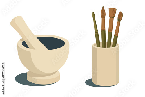 Traditional stone mortar and pestle next to a cup holding assorted artist paintbrushes