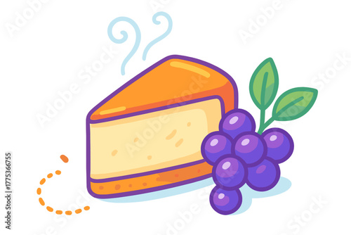 Appetizing piece of cheesecake with steaming top and ripe purple grapes