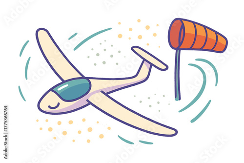 Cute cartoon glider flying near a windsock indicating wind direction