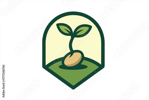 Sprouting seed with green leaves emerging from soil within a rounded shield shape
