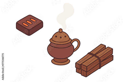 Traditional ceramic incense burner with smoke, aromatic resin block, and bundled wooden sticks