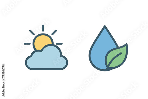 Sun, cloud, water drop, and leaf symbols representing climate, environment, and nature