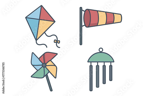 Colorful kite, windsock, pinwheel, and wind chimes set for outdoor activities