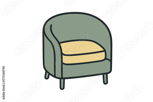 Cozy modern armchair with sage green upholstery and yellow cushion isolated on white background
