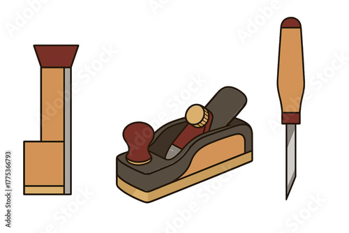 Traditional woodworking hand tools including a wood plane and sharp chisel