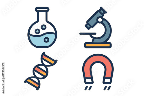 Essential science and research icons: chemistry flask, microscope, DNA strand, and magnet symbols