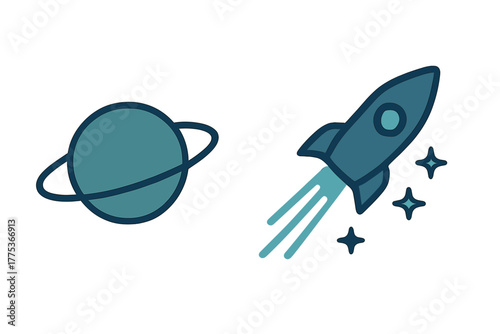 Stylized rocket ship launching into space near a distant ringed planet