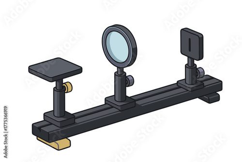 Optical bench setup with lens holder and adjustable components used for physics experiments