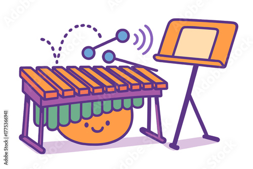 Colorful cartoon xylophone with mallets and happy face next to music stand