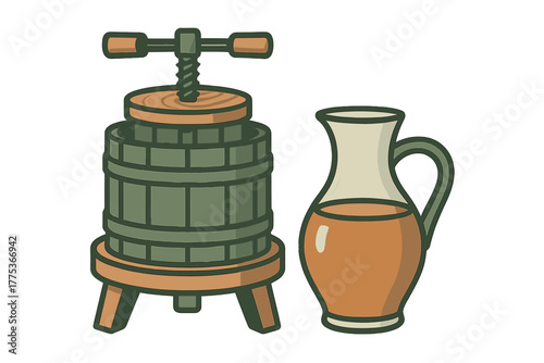 Traditional wooden fruit press machine and glass pitcher with fresh juice or cider