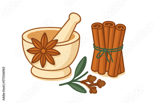 Traditional kitchen tools and aromatic spices like cinnamon sticks, star anise, and cloves