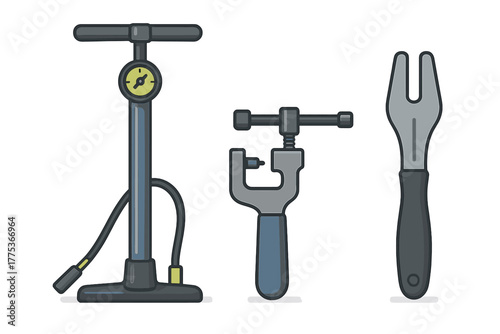Essential bicycle repair tools including a floor pump, chain breaker, and tire removal lever