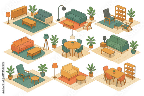Isometric furniture arrangements collection for modern home interior design layouts