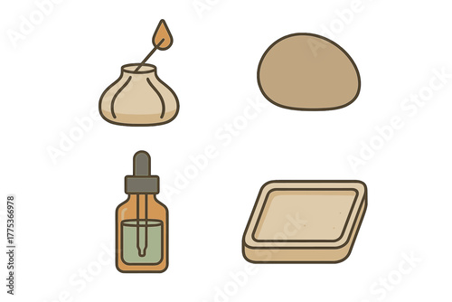 Collection of essential spa elements including aroma diffuser, dropper bottle, massage stone, and soap tray