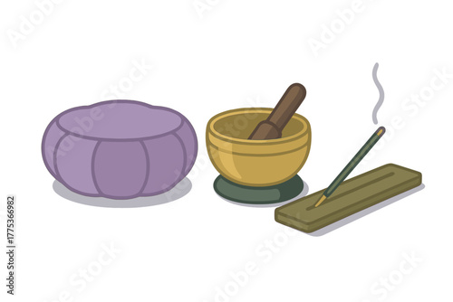 Essential items for meditation practice including a cushion, singing bowl, and burning incense stick