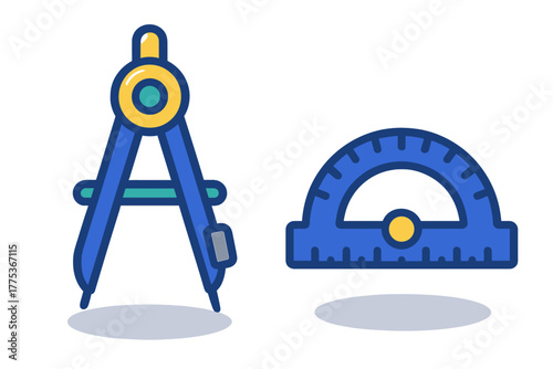 Stylized drawing compass and protractor set for measuring angles and creating circles