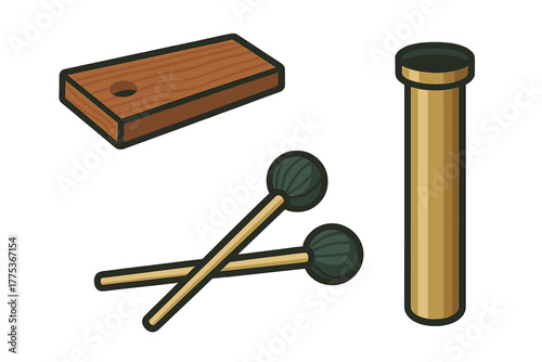 Wooden percussion instruments set featuring a wood block, two mallets, and a cylindrical shaker
