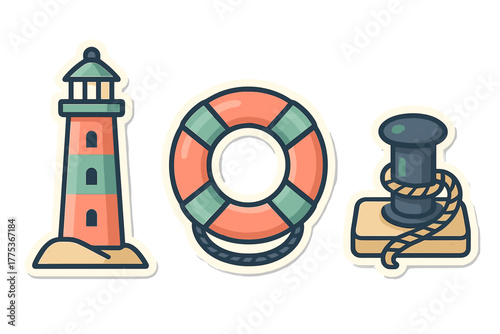 Lighthouse, lifebuoy, and mooring bollard in a retro nautical theme collection