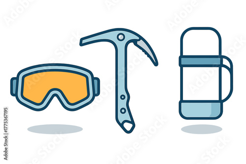 Mountain climbing and winter sports gear set featuring goggles, ice axe, and insulated flask