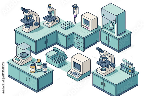 Scientific research laboratory interior isometric setup with microscopes balances and analytical equipment
