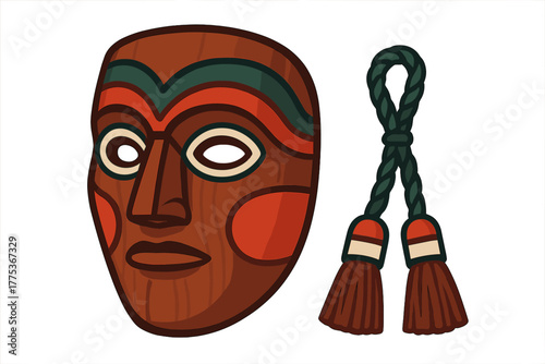 Traditional Korean Hahoe wooden mask and decorative braided tassel ornament