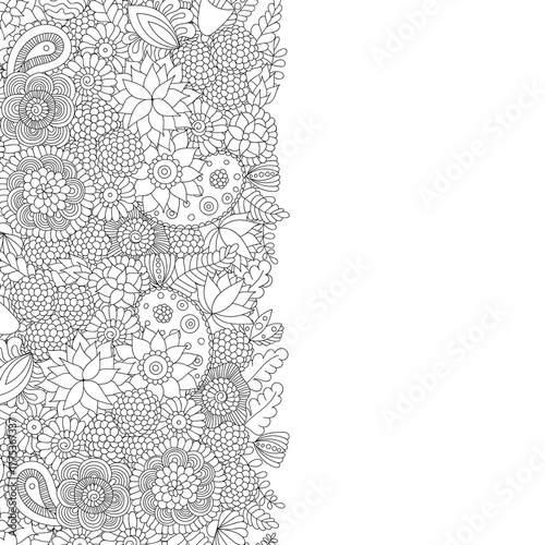 Black and white doodle flower pattern. Vertical floral banner, border for coloring book, design of textile, print and more. Stylized leaves and flowers, abstract patterns. Outline drawing.