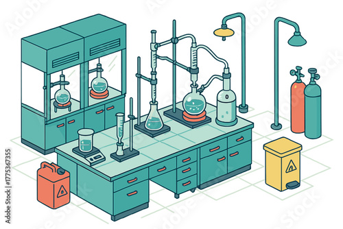 Isometric chemistry laboratory setup with distillation apparatus, fume hood, and scientific glassware