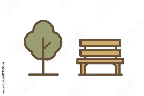 Simple stylized icon of a deciduous tree and a classic wooden park bench
