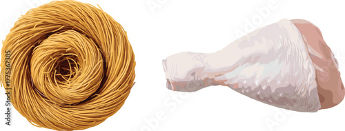 Uncooked pasta nest and raw chicken drumstick, food ingredients, culinary preparation, realistic style, cad drawing flat vector illustration