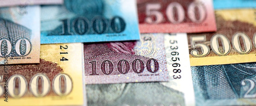 Hungarian Forints currency money bills in big amount. Many HUF currency banknotes with different denomination close up