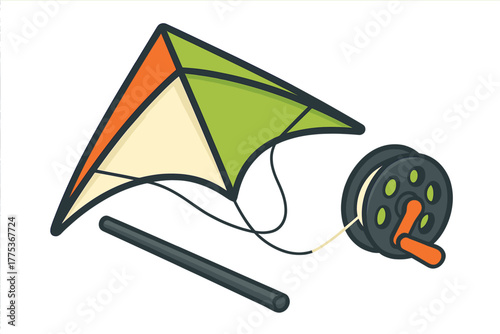 Brightly colored delta kite with string, winding reel, and separate stick for outdoor flying game