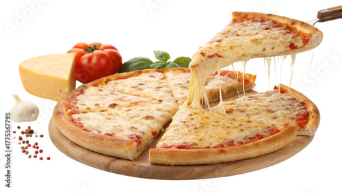 Delicious cheesy pizza slice being lifted from a whole pizza isolated on transparent background