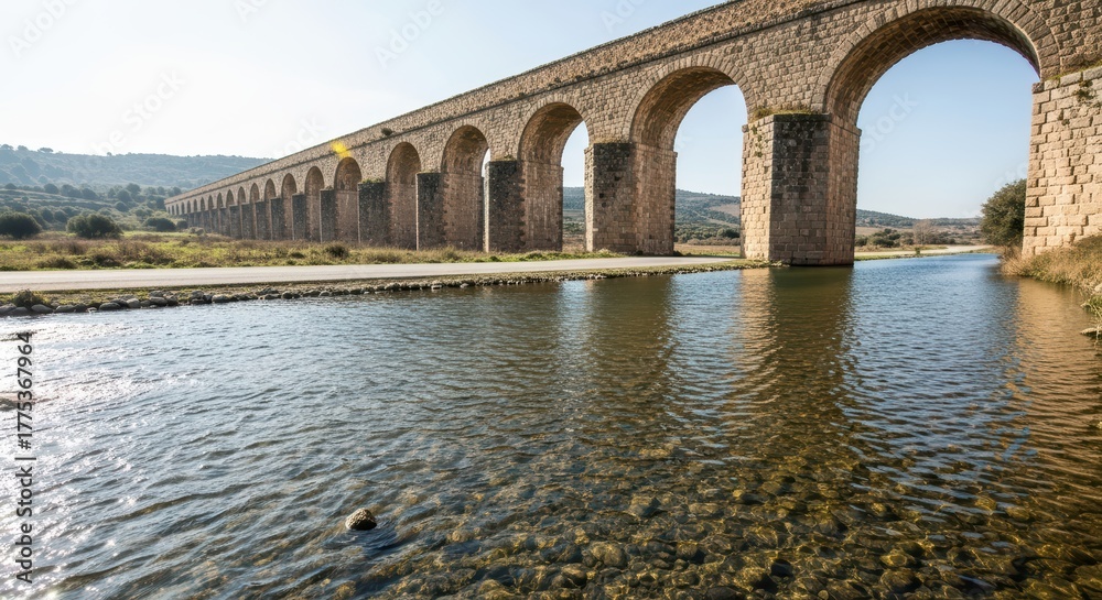 Fototapeta premium Historic stone aqueduct spanning river in scenic countryside