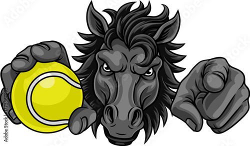 Horse mustang bronco stallion angry tennis sports team mascot holding a ball.