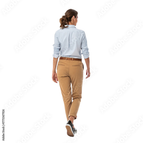 Woman walking away from camera in casual outfit isolated on transparent background
