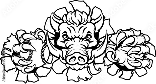 A wild boar, hog razorback warthog pig mean tough cartoon sports mascot holding a baseball or softball ball