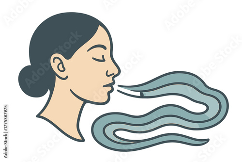 Stylized woman's profile exhaling wavy stream of air or vapor with closed eyes