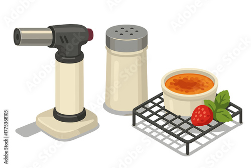 Culinary equipment set including kitchen torch and sugar shaker for making creme brulee dessert