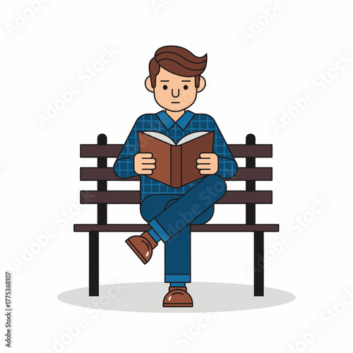 Flat vector man reading book sitting on park bench outdoors relaxing