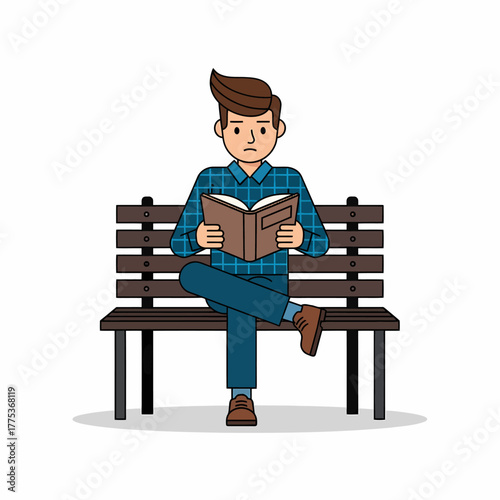 Illustration of a man sitting on a bench reading book outdoor