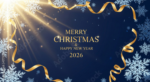 Festive Christmas greeting card design with snowflakes, ribbons, and radiant light.